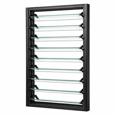 Black-framed glass louver window with adjustable slats.