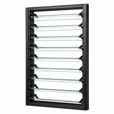 Modern glass louver window with black frame and adjustable glass slats.