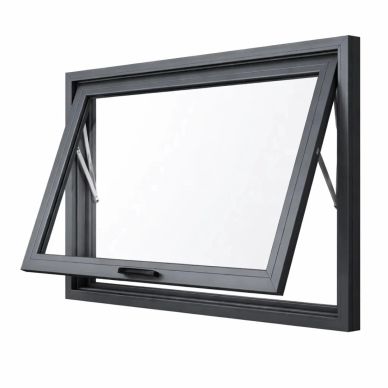 Modern black awning window partially open against white background.