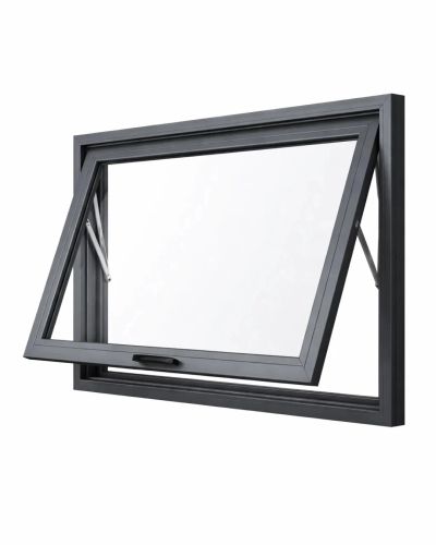 Modern black aluminum awning window slightly open against white background.