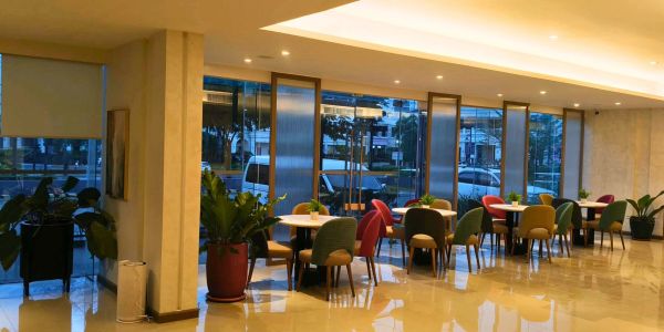 Modern dining area with colorful chairs and large windows.