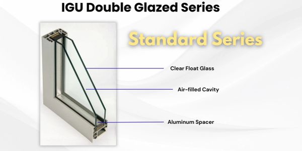 Diagram of IGU Double Glazed Standard Series showing glass, air cavity, and aluminum spacer.