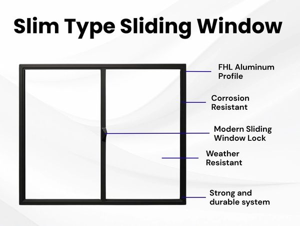 Slim type sliding window with aluminum profile and modern lock.
