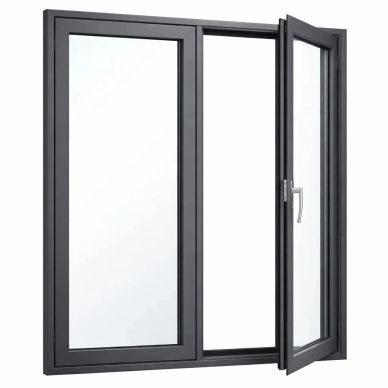 Modern black aluminum window with one panel open.