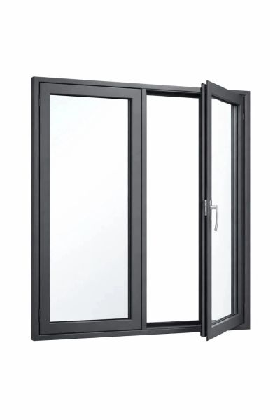 Modern black aluminum sliding window with one open pane.