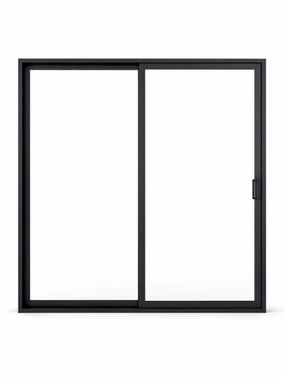 Modern black-framed sliding glass door isolated on white.