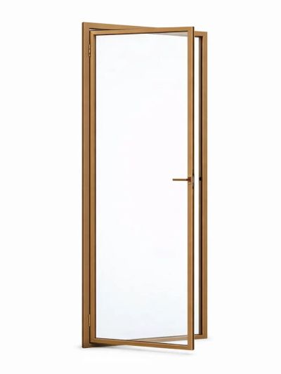 Modern glass door with wooden frame, slightly open.