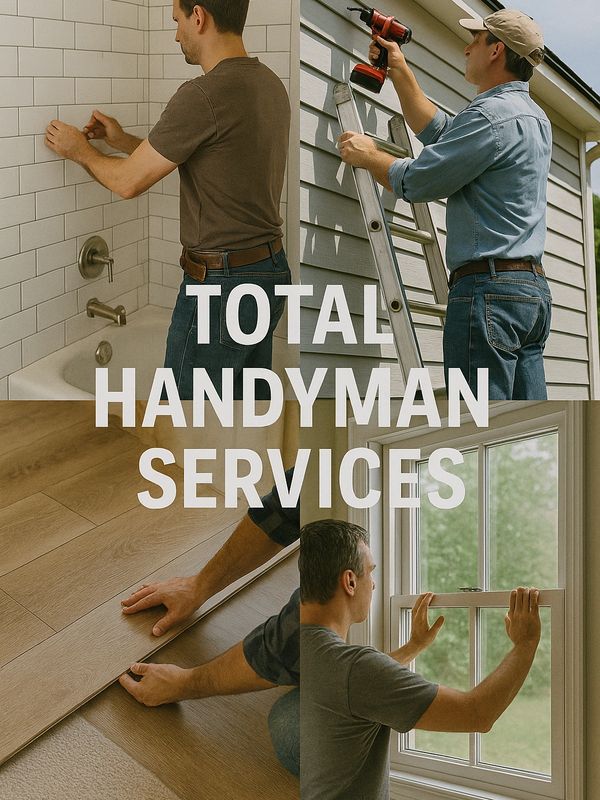 Handyman performing home repairs including tiling, siding, flooring, and window installation.