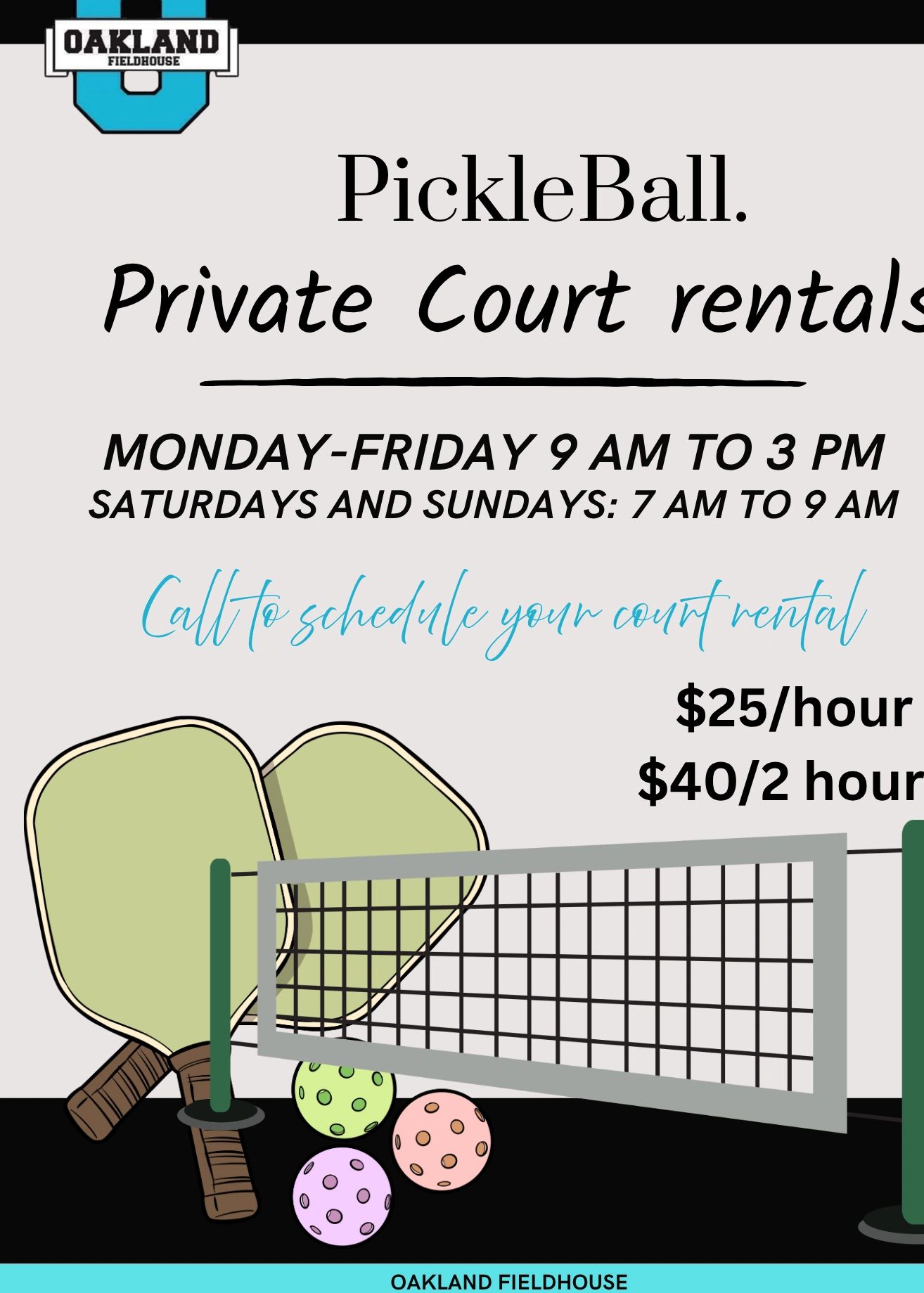 Pickleball court rentals available weekdays and weekends at Oakland Fieldhouse.