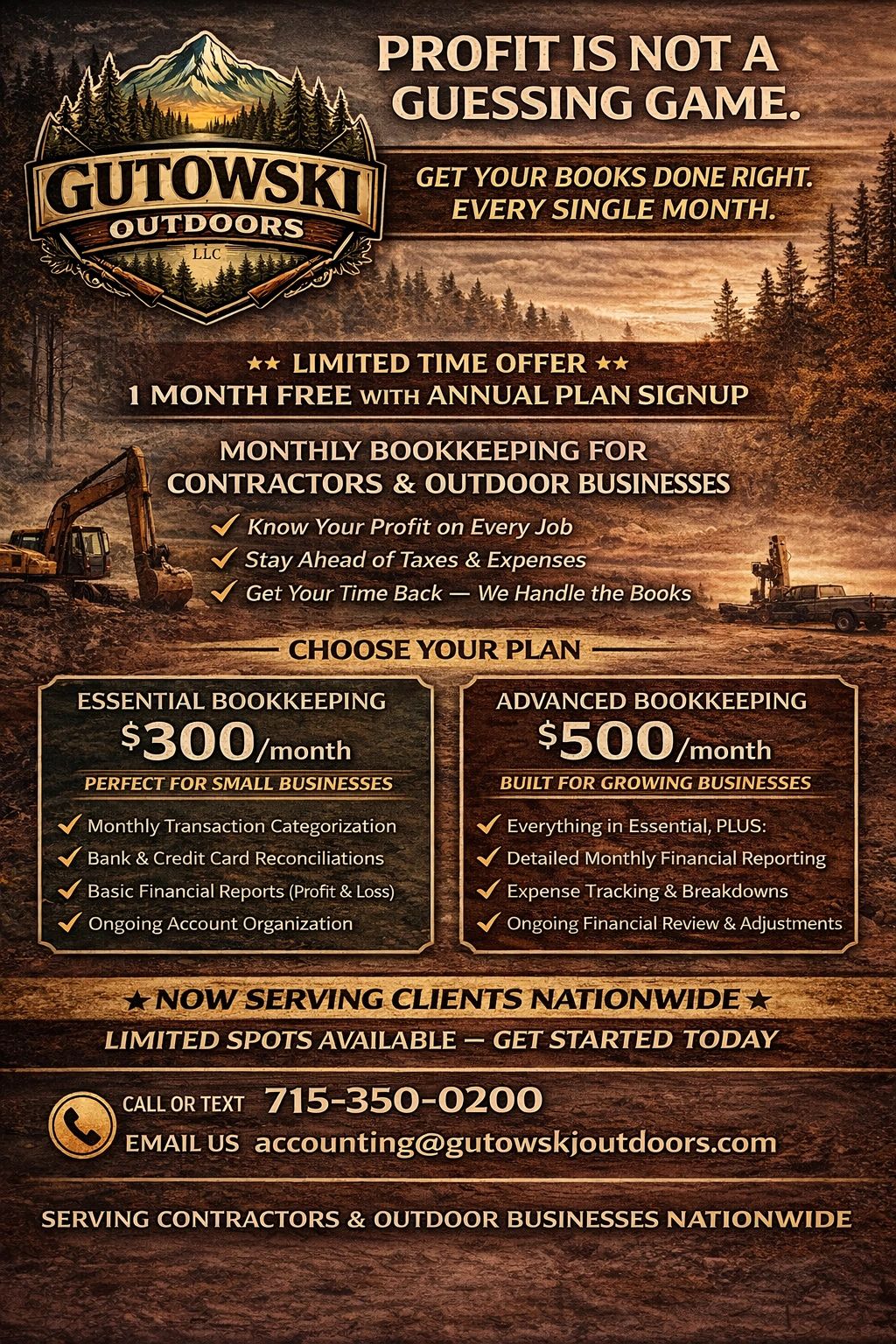 Gutowski Outdoors offers monthly bookkeeping for contractors and outdoor businesses with plans starting at $300/month.