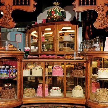 Copper Café and Bakery, is a charming spot within the iconic Madonna Inn.  Bakery Case in Photo