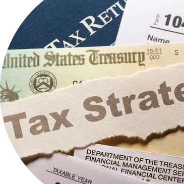 Close-up of tax documents and a Treasury check with 'Tax Strategy' headline.