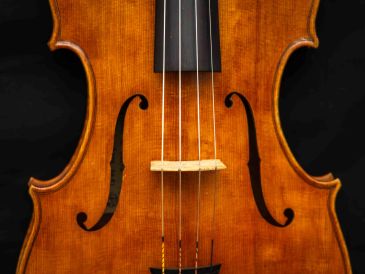 Close-up of a violin's body showing strings and f-holes.