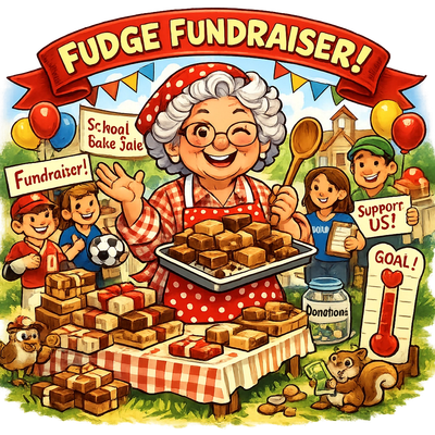 Cheerful fudge fundraiser with kids and animals in a school setting.