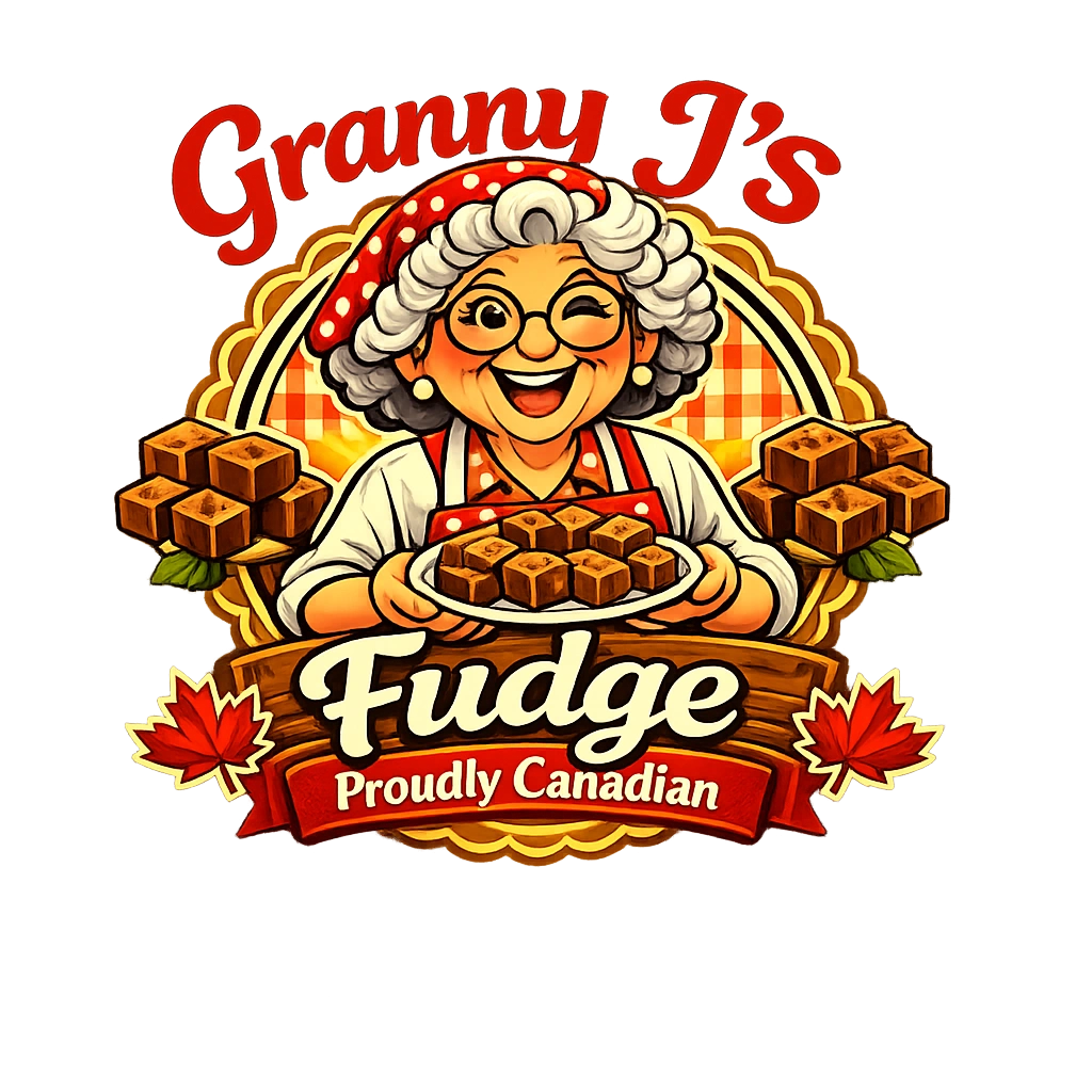 Logo of Granny J's Fudge with a cheerful grandmother and Canadian maple leaves.