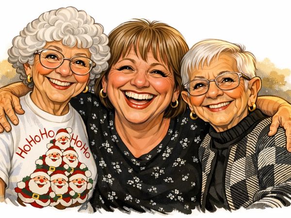 Three joyful women embracing and smiling warmly together.