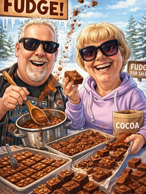 Happy couple making and selling homemade fudge outdoors in winter.