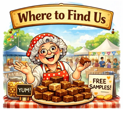 Cheerful elderly woman offering free food samples at a market stall.