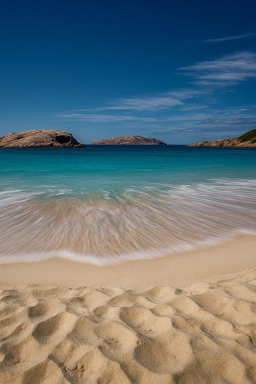 Waves gently wash over a sandy beach with rocky islands under a clear blue sky.