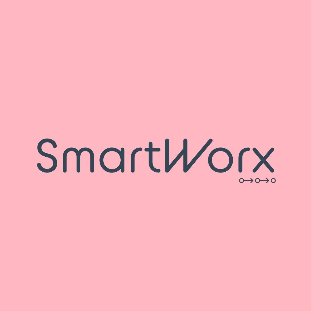 SmartWorx logo, navy text on pink background 