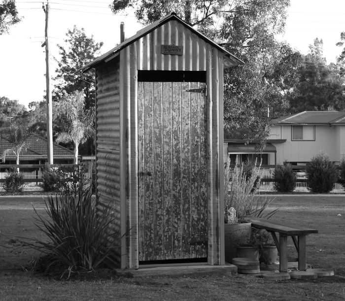 A rustic outdoor shed with a weathered wooden door in a grassy yard.