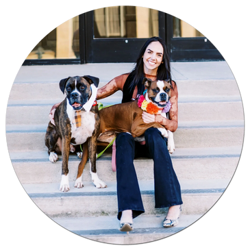 2 boxer dogs posing on stairs for a picture with a woman
