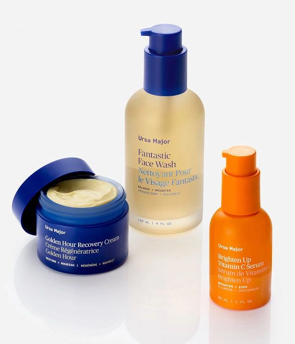 Ursa Major skincare set with face wash, recovery cream, and vitamin C serum.