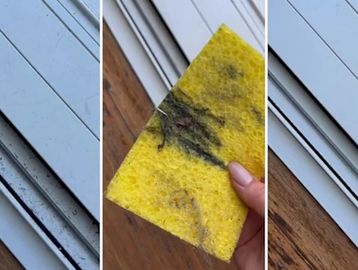 Dirty window and cleaning sponge with grime.