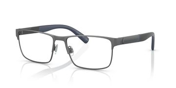 Sleek black rectangular eyeglasses with blue temple tips.