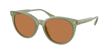 Green frame sunglasses with brown lenses.