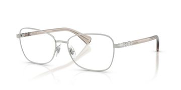 Silver metal-framed clear eyeglasses with beige arms.