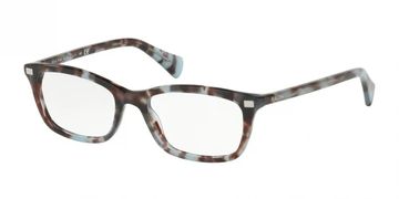 Rectangular tortoiseshell eyeglasses with a blue tint.