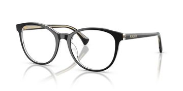Black-rimmed eyeglasses with gold accents.