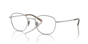 Silver metal framed eyeglasses with clear lenses and brown temple tips.