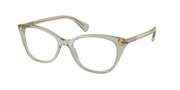 Transparent beige cat-eye eyeglasses with gold accents.