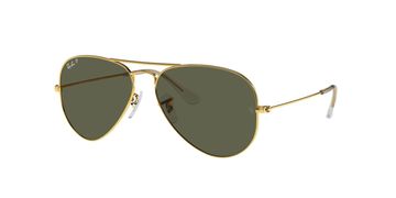 Gold-framed Ray-Ban aviator sunglasses with dark green lenses.