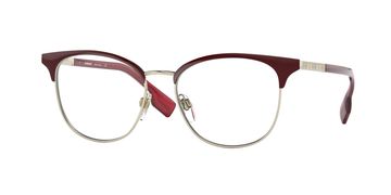 Stylish eyeglasses with maroon and silver frames.
