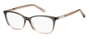 Stylish translucent pink and brown eyeglasses.