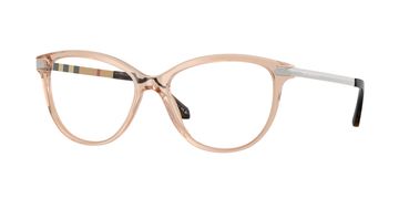 Transparent pink eyeglasses with a subtle cat-eye shape.