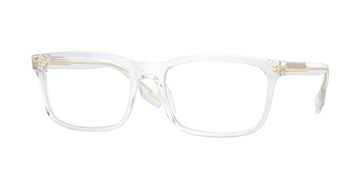 Clear rectangular eyeglasses with gold accents.