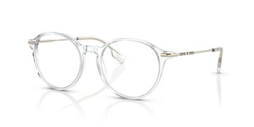 Transparent round eyeglasses with silver temples.