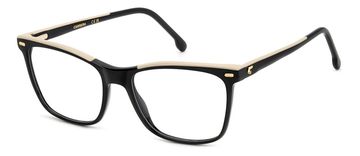 Black rectangular eyeglasses with gold accents.
