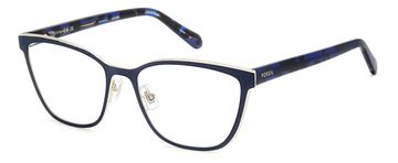 Blue framed eyeglasses with a subtle pattern.