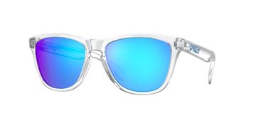 Clear frame sunglasses with blue mirrored lenses.