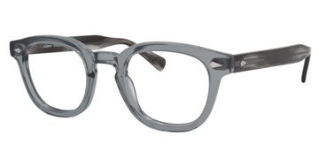 Transparent gray eyeglasses with a classic design.