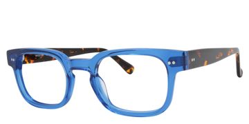 Blue framed eyeglasses with tortoiseshell arms.