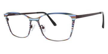 Striped multicolor eyeglasses with black temples.