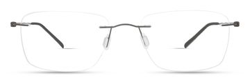 Minimalist rimless rectangular eyeglasses with black temples.