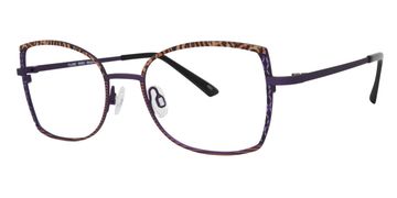 Purple and animal print eyeglass frames.