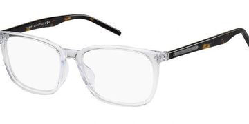 Clear framed eyeglasses with tortoiseshell arms.